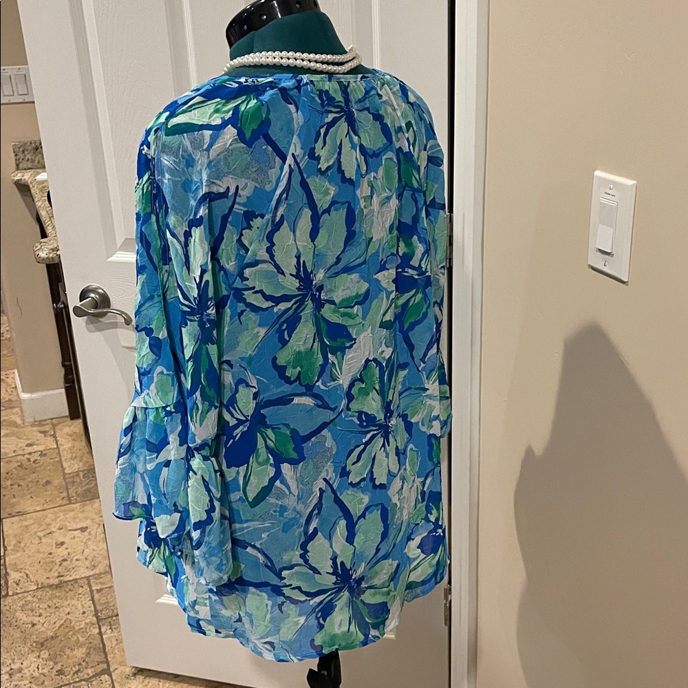 Vibrant Floral Women's Blouse in Blue and Green 2X Cold shoulder Flutter sleeve - Picture 4 of 11